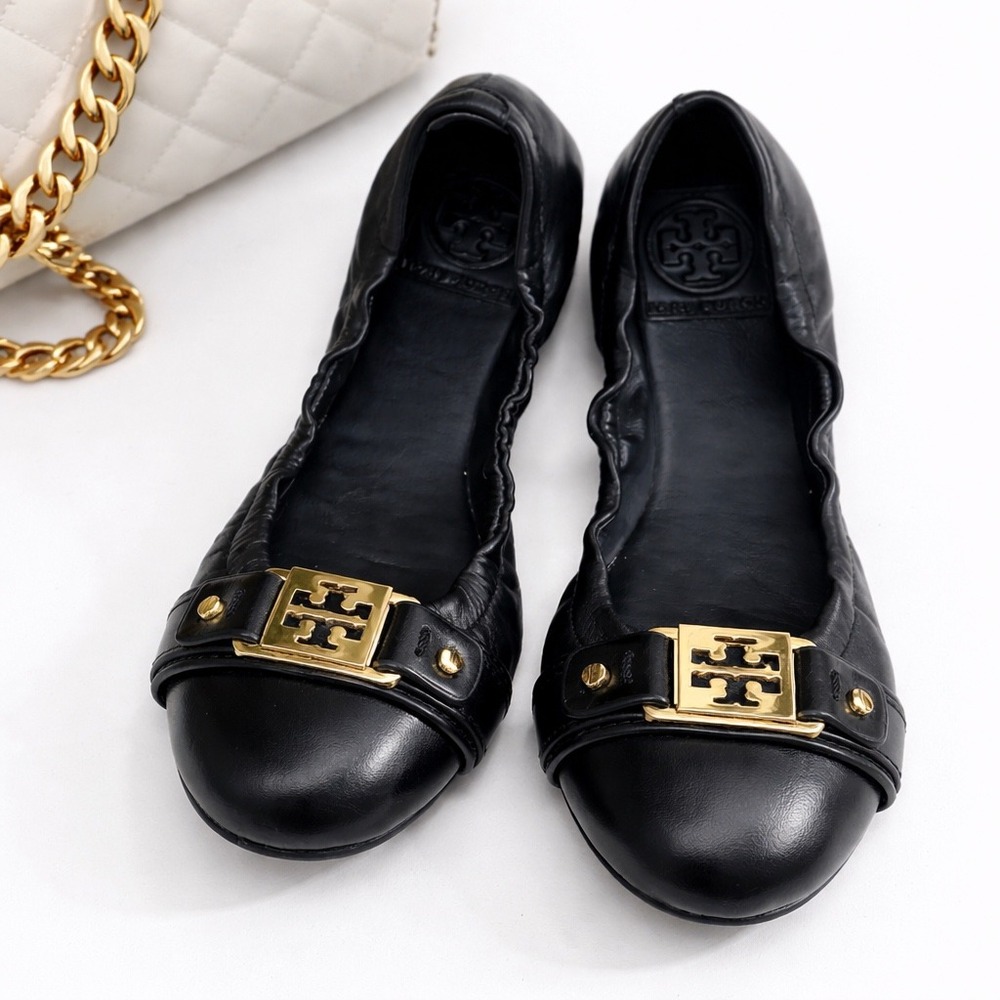 Tory Burch Ambrose‎ Gold Logo Reva Cap Toe Ballet Flats Black Leather Size 5.5